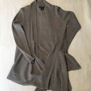 US Polo Assn Gray Ribbed Cardigan with Pink Emblem